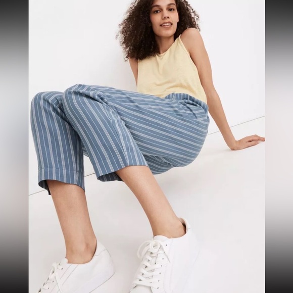 Madewell Striped Linen Blend Track Trouser Pants Pleated Blue Size Medium - Picture 3 of 10